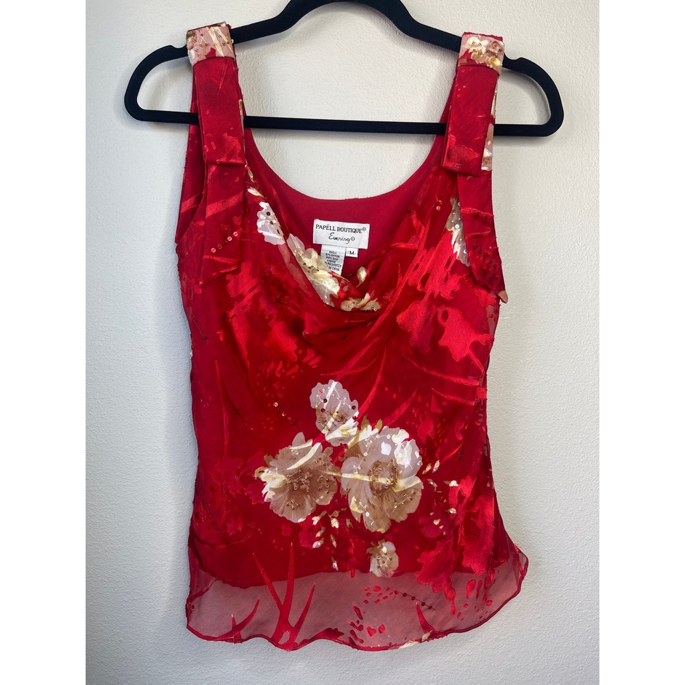 Papell Boutique Bias Cut Evening Top Red Silk Blend Floral Beaded Cowl Vintage